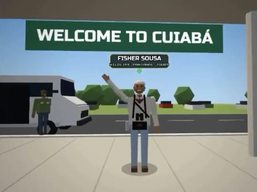 Animated Fisher Sousa waving under a Welcome to Cuiabá sign at the airport