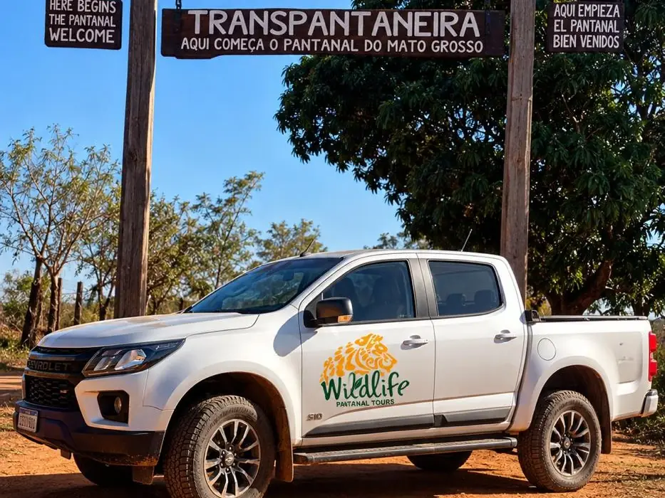 Wildlife Pantanal Tours pickup truck at the Transpantaneira entrance gate